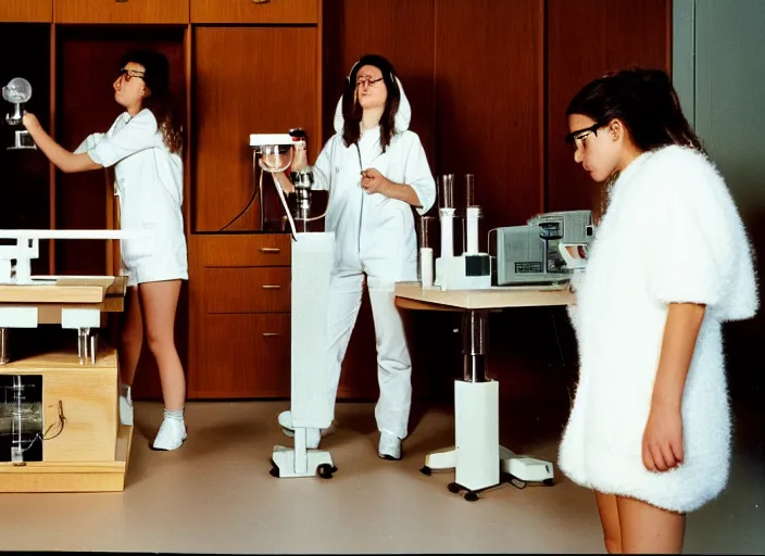 Image similar to realistic photo of a three young female scientists wearing white shorts, faces hidden veil, watching at a levitating fluffy furry cloud, in a living room sci - fi laboratory with many wooden gadgets made of wood interior is made of wood 1 9 9 0, life magazine reportage photo, natural colors