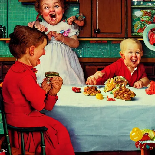 Image similar to hyper realistic hight detailed grandmother with a big mouth eating babies and gummi bears on the table in the russian kitchen, by norman rockwell, bright colors, 4 k, 1 6 k, 3 2 k, photorealistic, cartoon style