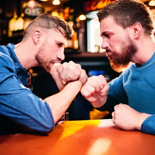 Image similar to 90mm color photo of a man punching another man at the local pub