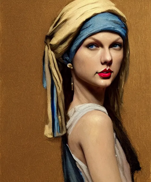 Image similar to Taylor Swift as the girl with the pearl earring, highly detailed, digital painting, artstation, concept art, smooth, sharp focus, illustration, ArtStation, art by artgerm and greg rutkowski and alphonse mucha and J. C. Leyendecker and Edmund Blair Leighton and Katsuhiro Otomo and Geof Darrow and Phil hale and Ashley wood and Ilya repin and Charlie Bowater