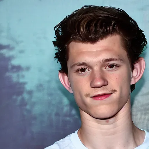 Image similar to tom holland with a big curly mustache