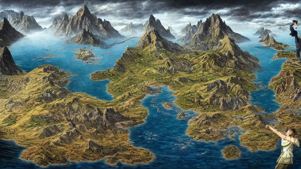 Image similar to surreal map of middle earth in the styles of igor morski, jim warren, and rob gonsalves, intricate, accurate geography, volumetric lighting, serene, imaginative