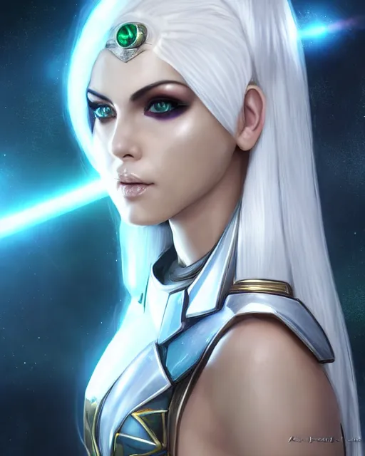 Image similar to perfect white haired attractive egyptian goddess, warframe armor, beautiful, symmetric, dreamy, half asian, pretty face, green eyes, charlize theron, detailed, scifi platform, laboratory, experiment, 4 k, ultra realistic, epic lighting, android body, illuminated, cinematic, masterpiece, art by akihito tsukushi, voidstar