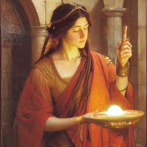 Prompt: orientalist portrait of a female mage casting a glowing magic spell in a sandstone temple intricate portrait by john william waterhouse and Edwin Longsden Long and Theodore Ralli and Henryk Siemiradzki, very coherent symmetrical artwork. Cinematic, hyper realism, high detail 8k