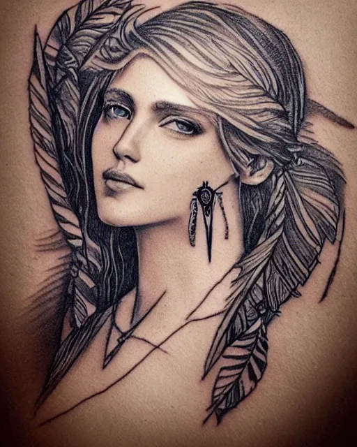 Image similar to tattoo sketch of beautiful greek goddess aphrodite with arrowhead earrings, beautiful feather jewelry, beautiful piercing eyes, flowing blonde hair, realistic face, hyper realistic, in the style of greg rutkowski, fantasy, amazing detail, epic, elegant, smooth, sharp focus, from the front