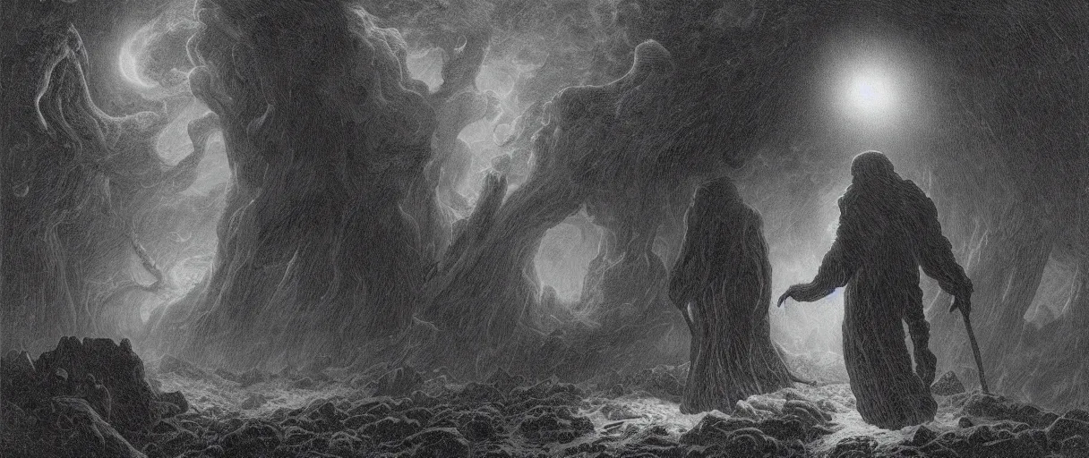 Image similar to an engraving portrait of yog sothoth, lovecraftian atmosphere, caspar david friedrich, foggy, depth, strong shadows, stormclouds, illuminated focal point, highly detailed