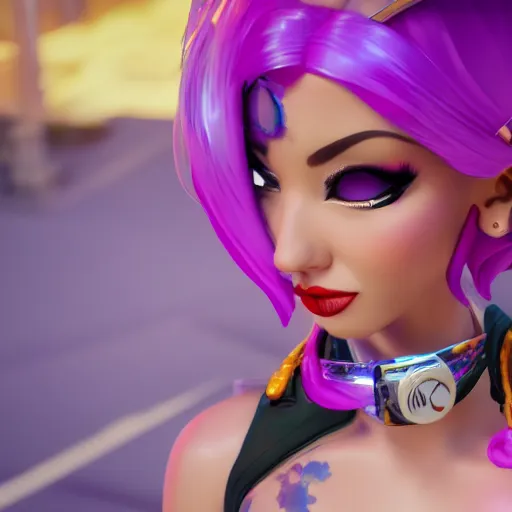 Prompt: still of pretty Jinx (Arcane) in KDA More music video. 3d render, octane render, game art, realistic, highly detailed, trending on artstation, 4k, trending on artstation, pixar, cgsociety, unreal engine 5, redshift render, trending on artstation, blender, behance, cg