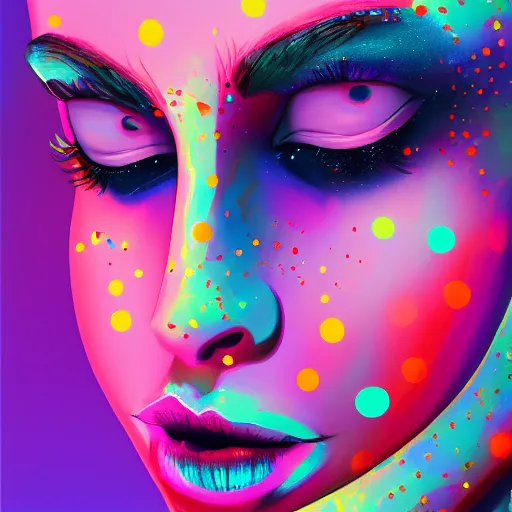 Image similar to beautiful face of girl in style spotty pointism with three eyes, super bright colors, colored spots, mixed liquid acrylic, painting come to life, artstation, ultradetail