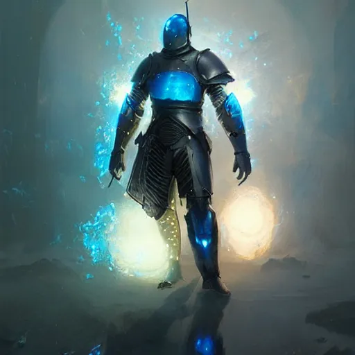 Prompt: a knight in amazing fantasy armor that glows, bursting with blue light, sleek, lightweight but imposing, light glowing from the seams. beautiful highly detailed fantasy painting by greg rutkowski