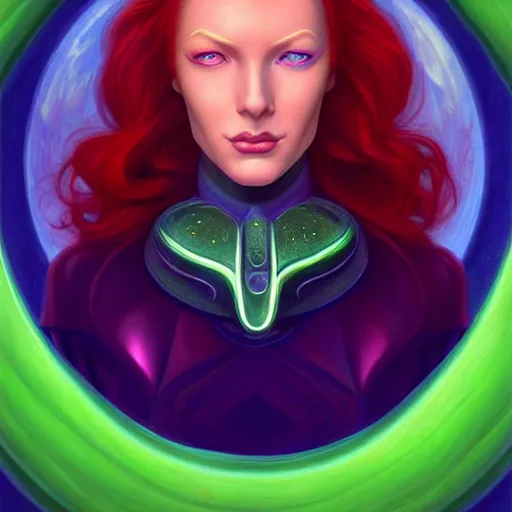 Prompt: Redhead Pleiadian alien human beautiful hybrid feminine woman, with stunning green eyes, cute symmetrical round face and a roundish nose, as a retro futuristic heroine, gorgeous digital painting, artstation, concept art, smooth, sharp focus, illustration, art by artgerm and donato giancola and Joseph Christian Leyendecker, Ross Tran, WLOP