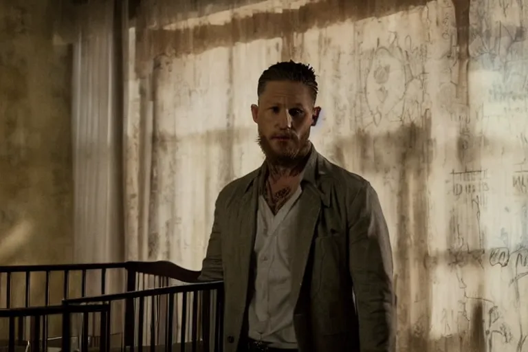 Image similar to film still of Tom Hardy as Max Payne in a dark dream next to a baby crib in the Max Payne movie, 4k