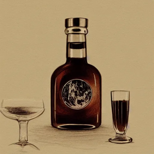 Prompt: planet earth, seen in a reflection in a whiskey bottle, on a table, detailed drawing