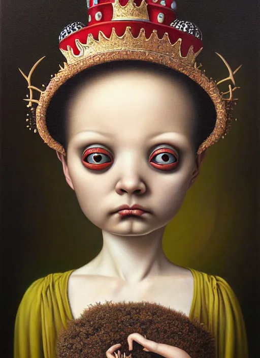 Prompt: Oil painting - a regular earthworm with a tiny little crown peeking out form a hole, Masterpiece, Mark Ryden, Wolfgang Lettl highly detailed, hints of Yayoi Kasuma