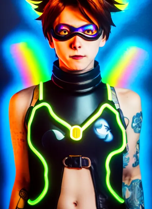 Image similar to full body overwatch style oil painting portrait of tracer overwatch, confident pose, wearing black jagged iridescent rainbow latex armor, rainbow, neon, 4 k, expressive surprised expression, makeup, wearing large rainbow neon choker, studio lighting, acid, trippy, black leather harness, expressive detailed face and eyes,