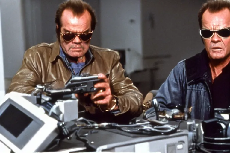 Prompt: Jack Nicholson plays Terminator, scene where he uses computer, still from the film