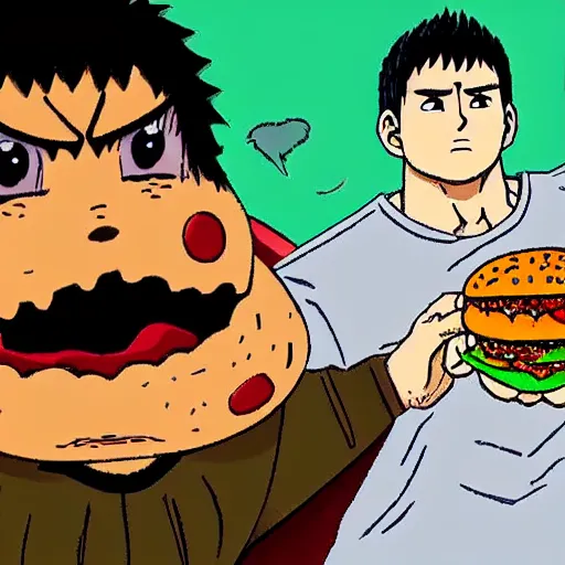 Image similar to guts from berserk eating a hamburger