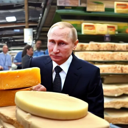 Prompt: close up of vladimir putin visiting a cheese market