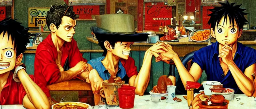 Prompt: Luffy at a diner, head and shoulders portrait, extremely detailed masterpiece, Roger Deakin’s cinematography, oil on canvas, Norman Rockwell.