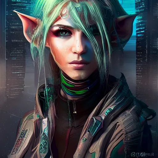 Image similar to portrait of an elf in a cyberpunk style, digital art, highly-detailed, artstation cgsociety masterpiece