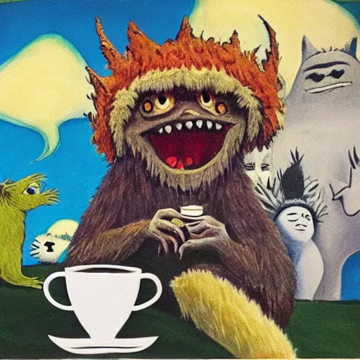 Image similar to painting of the monster from where the wild things are smiling and holding a beautiful cup of coffee