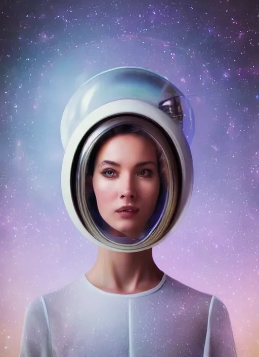 Prompt: photograph portrait of a very pretty!!! woman! symmetric face, petzval lens. out of focus, look at the camera. in an very detailed elegant astronaut costume. futuristic helmet, led lights reflections. space station. by drew struzan and alesio albi and george lucas and stanley kubrick