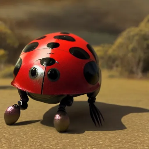 Image similar to promotional movie still, ladybugs, ladybug quadruped with big piercing eyes, ladybug hobbits, ladybug robots, space western, the fellowship of the ring ( film ), 3 d render