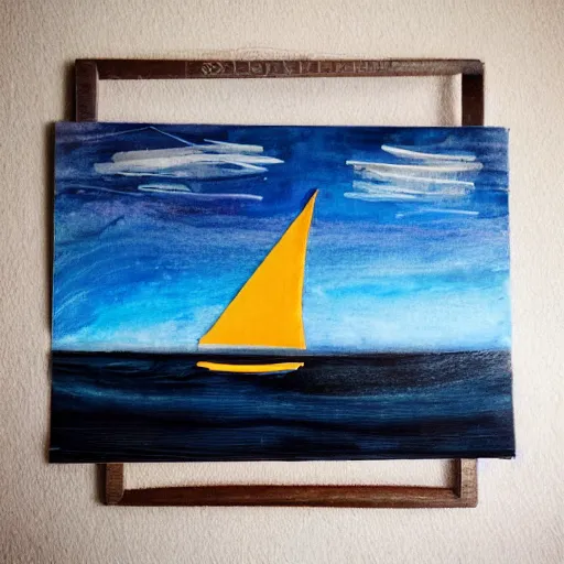 Prompt: a sailboat flying in the sky by night, mixed media, whimsical, dark vibe