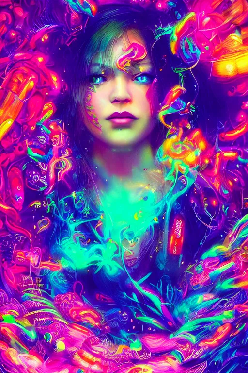 Prompt: a beautiful girl engulfed in colorful liquid clouds and neon smoke, colorful psychedelic experience, psilocybin, dmt, lsd, face, highly detailed, artstation, concept art,, sharp focus, digital art by hana yata, and artem demura and beeple, lisa frank, cyberpunk, octane render, unreal engine, 8 k