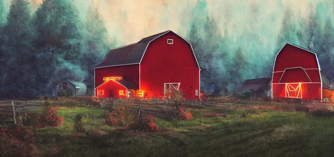 Image similar to full portrait of farm, a rave is in the forest behind the red barn, smoke, lights, night, colorful, happy, insanely detailed, photorealistic, cinematic, dramatic lighting,