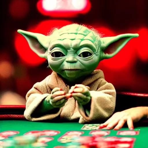 Image similar to baby yoda in a casino playing poker