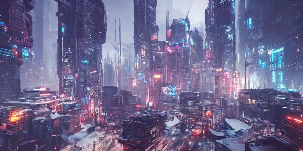 Prompt: cyberpunk city in the snow, trending on Artstation, octane render, unreal engine, raytracing, visually stunning, award-winning, bokeh