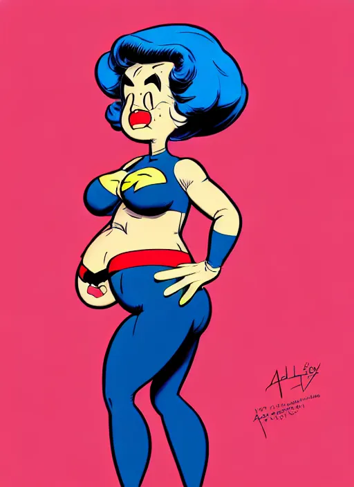 Image similar to the protagonist's mother, jolly, zaftig figure, plump, 1 9 8 0 s fashion, artgerm, artstation trending, archie comics and don bluth animation, in the style of jack kirby and alex toth, quixel megascan, digital 2 d, painterly style, flat illustration, high contrast