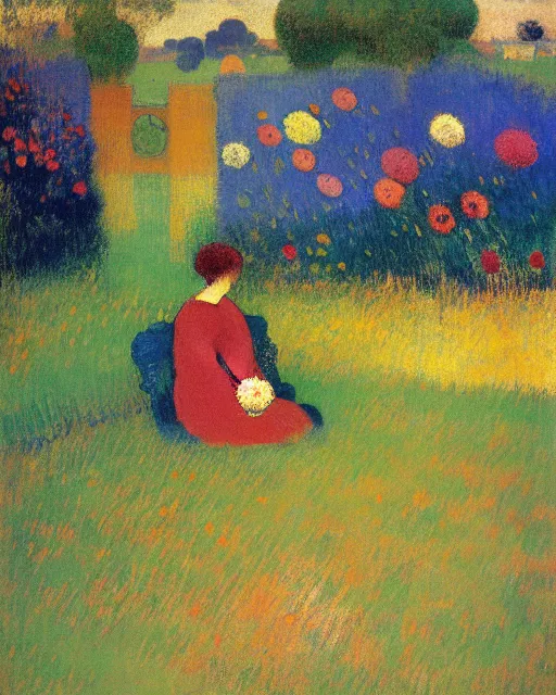 Prompt: flowers, garden at home, small fence, woman sitting on the grass, woman, clear weather, green grass, white clouds, clouds, trees around, flowers around, saturated colors, 1910 Odilon Redon.