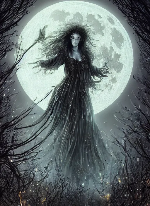 Image similar to glowing silver and golden elements, portrait, A beautiful dark witch in front of the full big moon, book cover, green forest, red white black colors, establishing shot, extremly high detail, foto realistic, cinematic lighting, pen and ink, intricate line drawings, by Yoshitaka Amano, Ruan Jia, Kentaro Miura, Artgerm, post processed, concept art, artstation, matte painting, style by eddie, raphael lacoste, alex ross