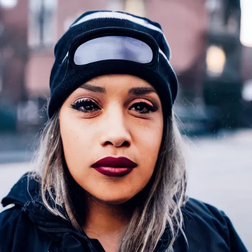 Image similar to photograph portrait of a mixed woman with face tattoos smoking a cigarette wearing a black beanie and black bomber jacket, urban environment, depth of field, 8k, hd, award-winning, 82 mm sigma