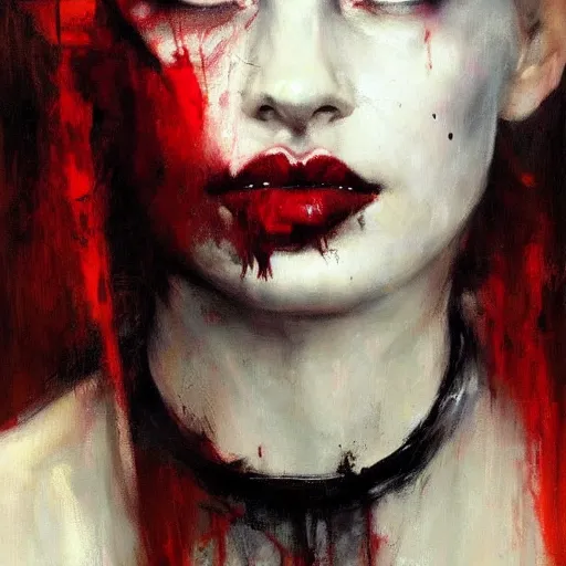 Image similar to portrait of the death angel, beautiful female face, angelic, dark, blood, by jeremy mann, by lucian freud, god rays, warrior face painting red, wings