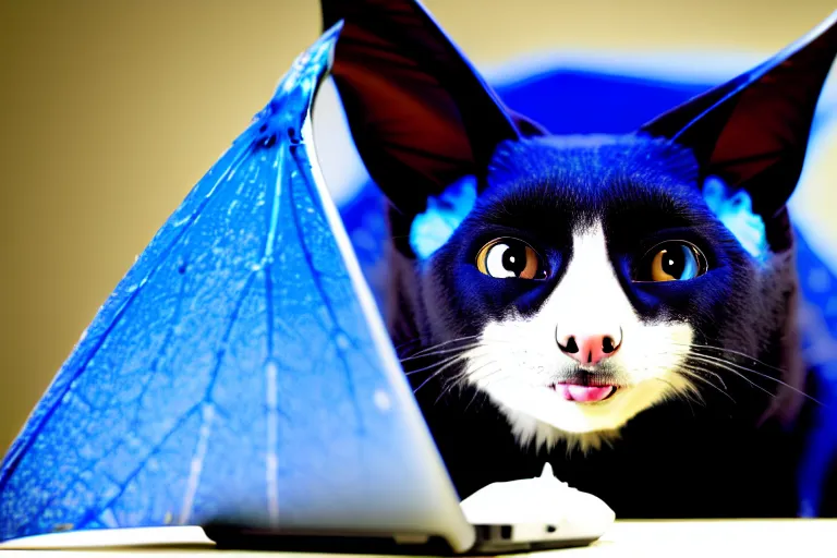 Image similar to a blue - and - black male catbat fursona with blue / green heterochromatic eyes and huge bat ears, photo of the catbat streaming on his computer