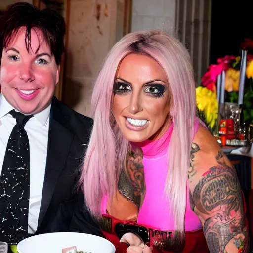 Prompt: jodie marsh aiming a gun at Michael mcintyre & pepper pig tea at the ritz