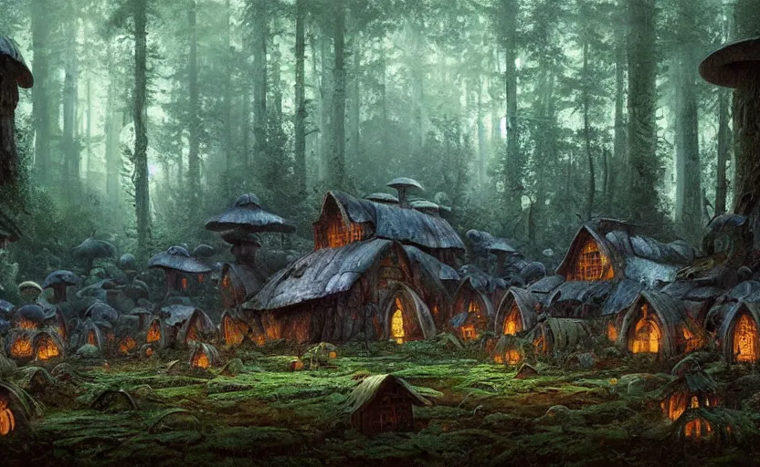 Prompt: A mushroom house in the foreground, other mushroom houses in the background, in a dark forest, macro, mysterious matte painting by greg rutkowski and marc simonetti and Ivan Shishkin