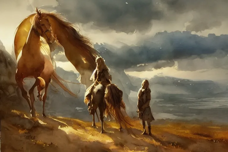 Image similar to watercolor painting of scandinavian mythology, magical, ambient lighting, art by hans gude, art by hans dahl, by jesper ejsing, art by anders zorn, wonderful masterpiece by greg rutkowski, cinematic light, american romanticism by greg manchess, creation by tyler edlin, heavy clouds and sun