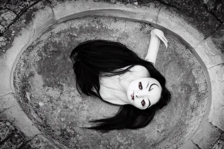 Image similar to vintage photo of a woman with long black hair wearing long white clothes crawling out of a well, eerie, japanese horror, highly detailed shot, dramatic 8 k uhd