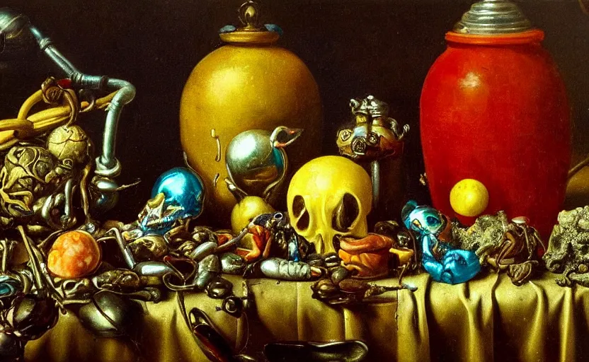 Image similar to disturbing colorful oil painting dutch golden age vanitas still life with bizarre objects strange gooey surfaces wet shiny metal bizarre insects rachel ruysch dali todd schorr very detailed perfect composition rule of thirds masterpiece canon 5 0 mm, cinematic lighting, photography, retro, film, kodachrome