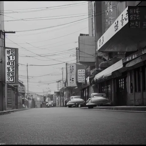 Image similar to 1950s Korean thriller film noir, a view of Shin Sang-ok in the middle of an empty scene, 35mm film, Cooke Varotal 20-100 T3.1