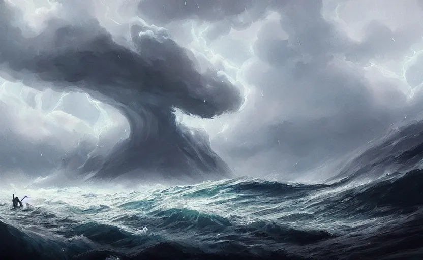Image similar to a painting of ⛈⛈⚡⚡🌊🌊🌊 trending on artstation in the style of greg rutkowski