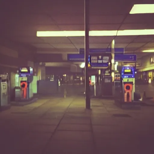 Prompt: insane nightmare, no light, everything is blurred, creepy shadows, petrol station, very poor quality of photography, 2 mpx quality, grainy picture