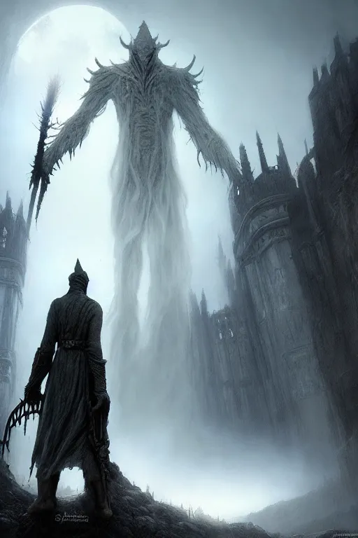 Prompt: a giant ethereal pale humanoid monster looming over a tiny human in an epic landscape, ethereal fantasy, bloodborne, artstation, james gurney