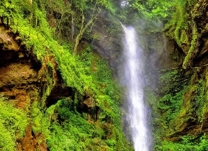 Image similar to a long capture photo of a magical waterfall, high cliff