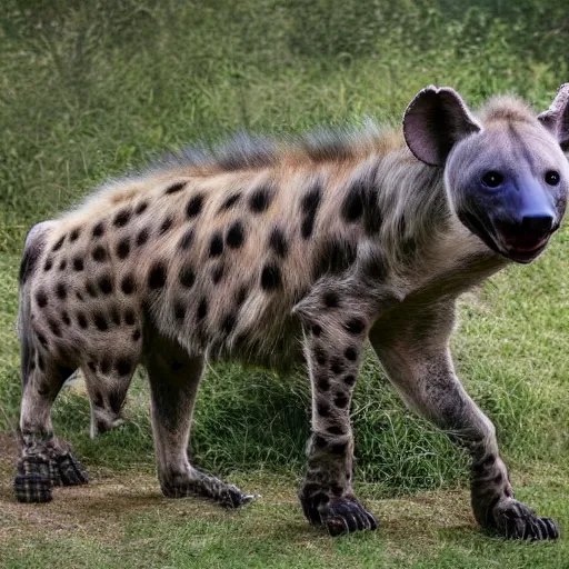 Image similar to hyena and robot hybrid, half robot half hyena, realistic proportions, picture taken in zoo, highly detailed