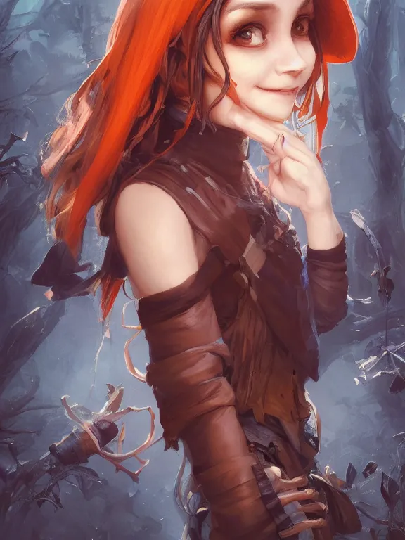 Image similar to Full shot of a cute mischievous young witch about to get up to some trouble. Latin American fashion. Black and Orange palette. Latina girl. brown skin. Symmetrical facial features. By Ruan Jia and Artgerm and Range Murata and WLOP. Key Art. Fantasy Illustration. award winning, Artstation, intricate details, realistic, Hyperdetailed, 8k resolution.