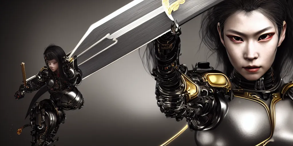 Prompt: insanely detailed rendering of a beautiful sci-fi female cyborg samurai holding a black katana, with brilliant silver flowing hair, beautiful gold eyes , cinematic light, dark environment, by Arturo Vázquez, michael weisheim, trending on artstation, ultrarealistic 3d digital rendering, 4k, high quality